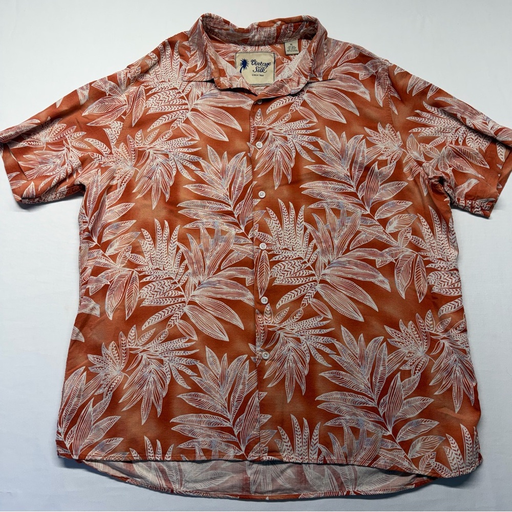 Vintage Silk Shirt Tropical Leaf Print XL Orange Mens Hawaiian Aloha Button Down